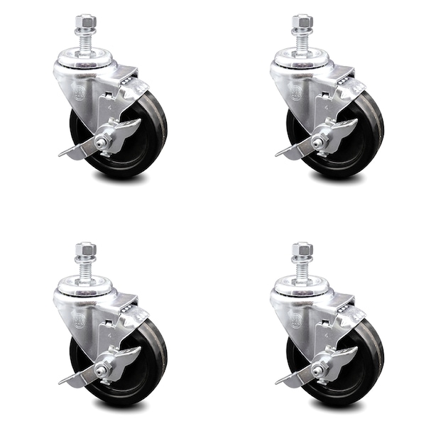 4 Inch Phenolic Wheel Swivel 3/8 Inch Threaded Stem Caster Set with Brake SCC